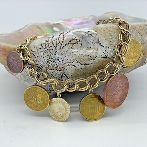Karizia Spa KA 1772 Italy 925 Coins Queen ELIZABETH Dangle Bracelet 8” Gold Tone